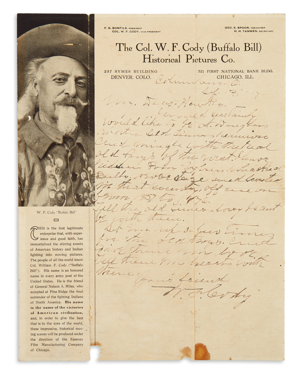 CODY, WILLIAM F. (BUFFALO BILL). Autograph Letter Signed, W.F. Cody, to My Dear Hawks [Frank Lee Houx?],